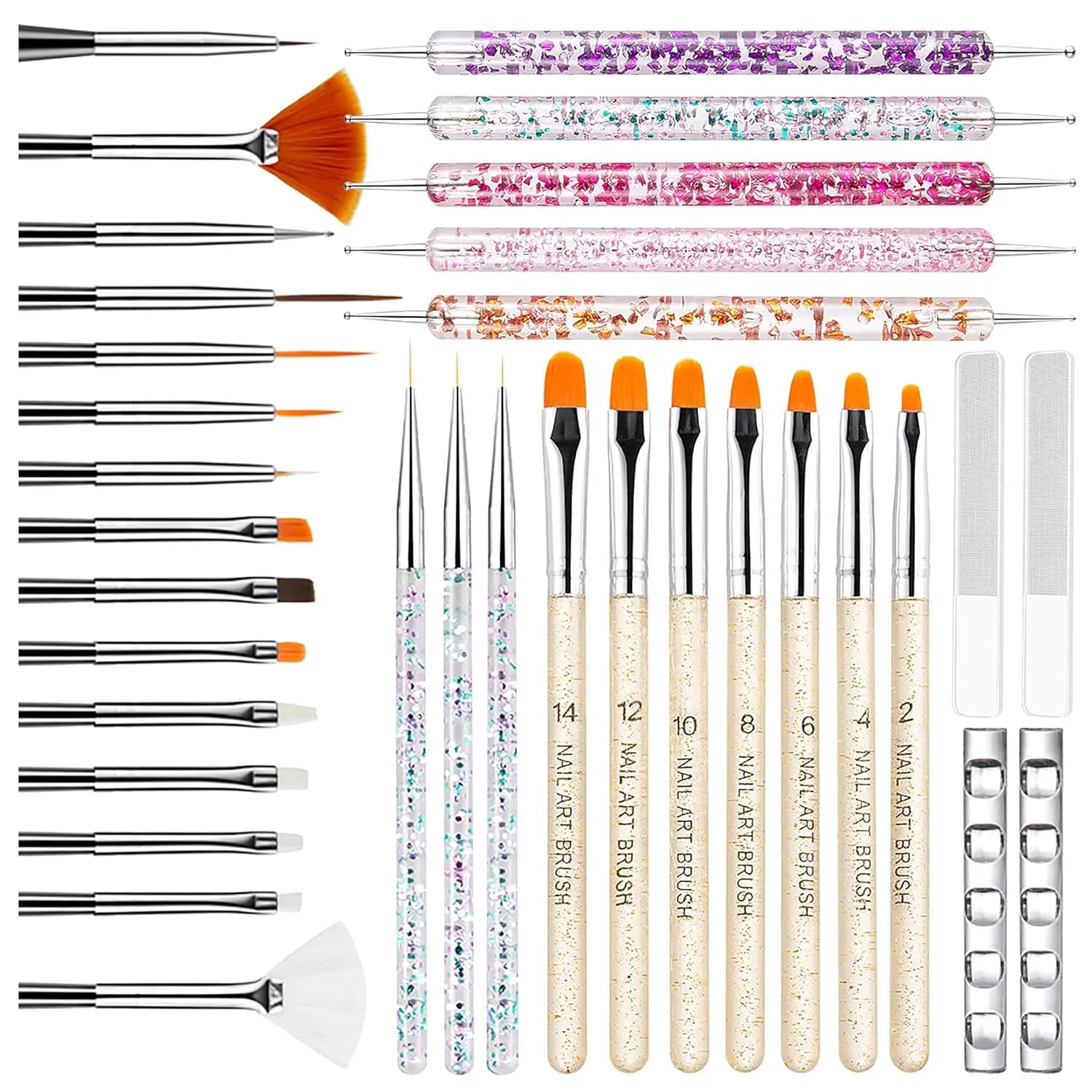 Set di 34 Pennelli per Nail Art Tutto-in-Uno, Kit di Strumenti per Gel e Acrilico con Pennelli Liner, Penne Dotting, Lime Nano e Supporti per Principianti