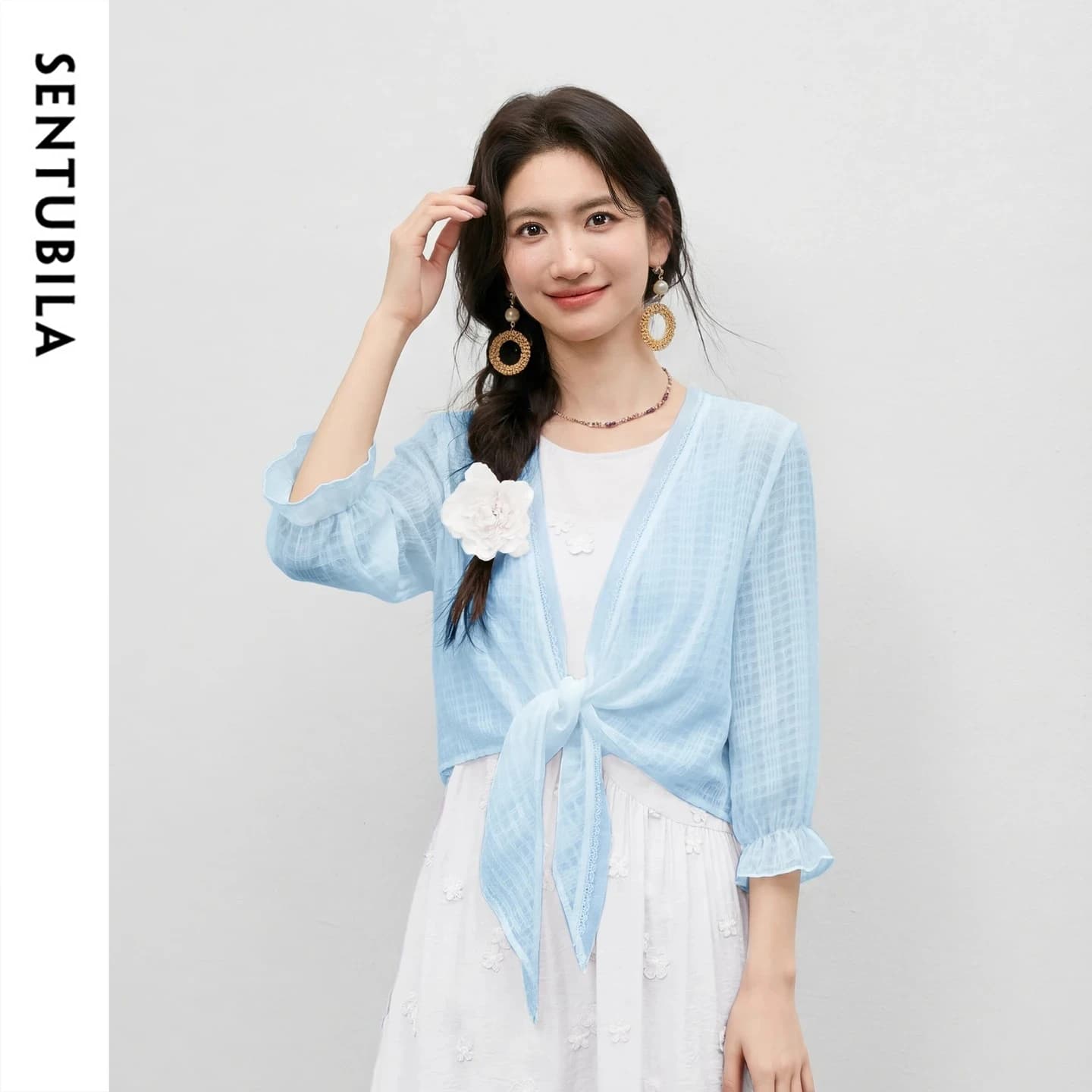 SENTUBILA Giacca da donna in chiffon con scollo a V, maniche a palloncino in pizzo, cintura con laccio, patch in rete jacquard testurizzato, leggera Q62WI6266X