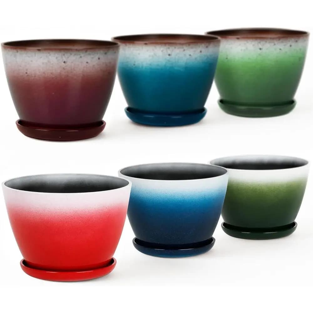 Vasi da fiori rotondi in plastica Worth Garden da 8 pollici - Set di 6 piccoli vasi lucidi multicolor con foro di drenaggio e sottovaso - Hom