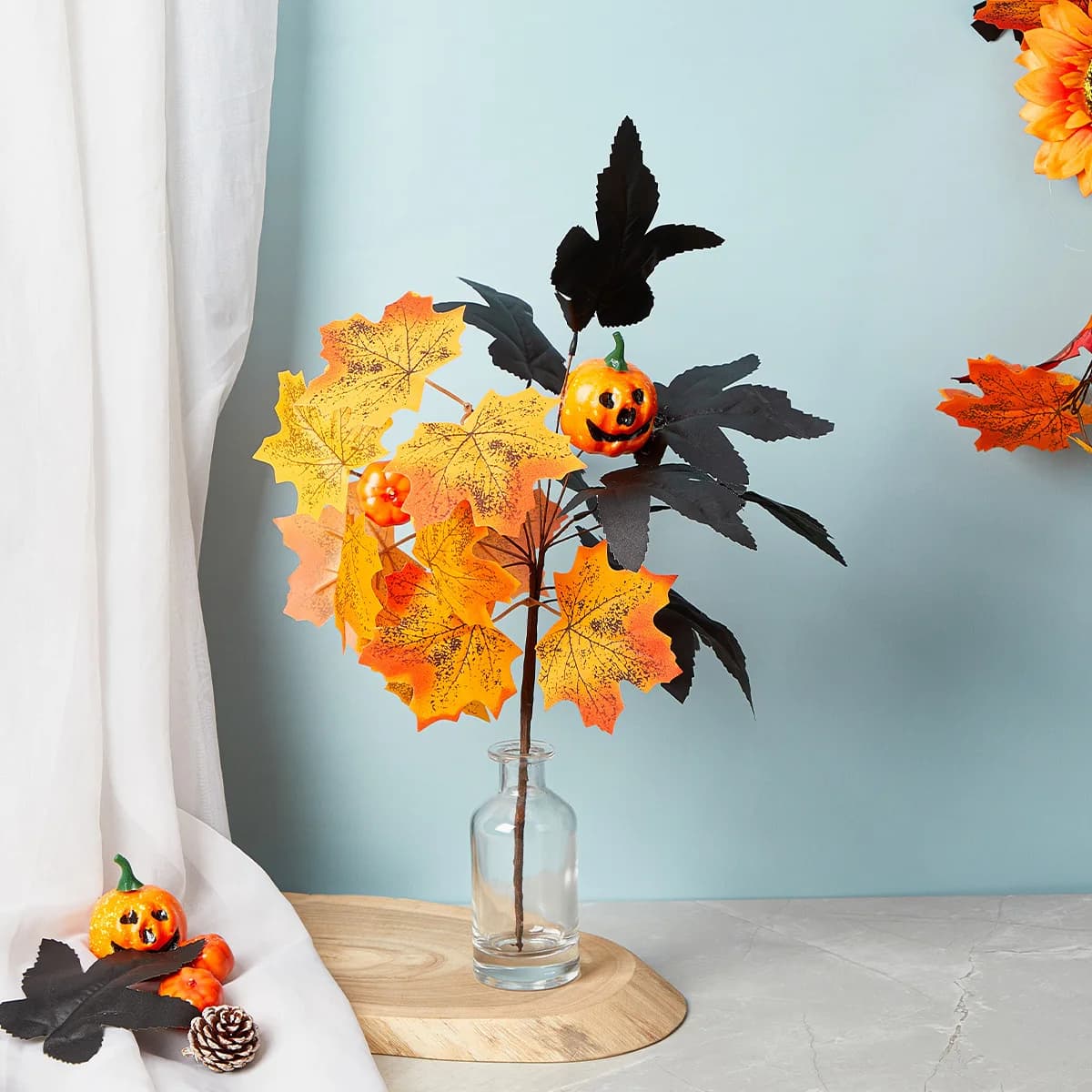 Halloween pumpkin maple leaf artificial flower arrangement black decoration photography props bouquet artificial plants flowers