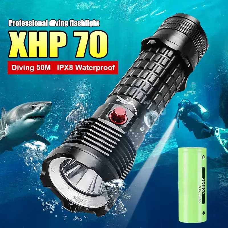 Professional Diving Flashlight 2026 XHP70 White Diving Light 50m, Diving Portable Light, Diving Lamp