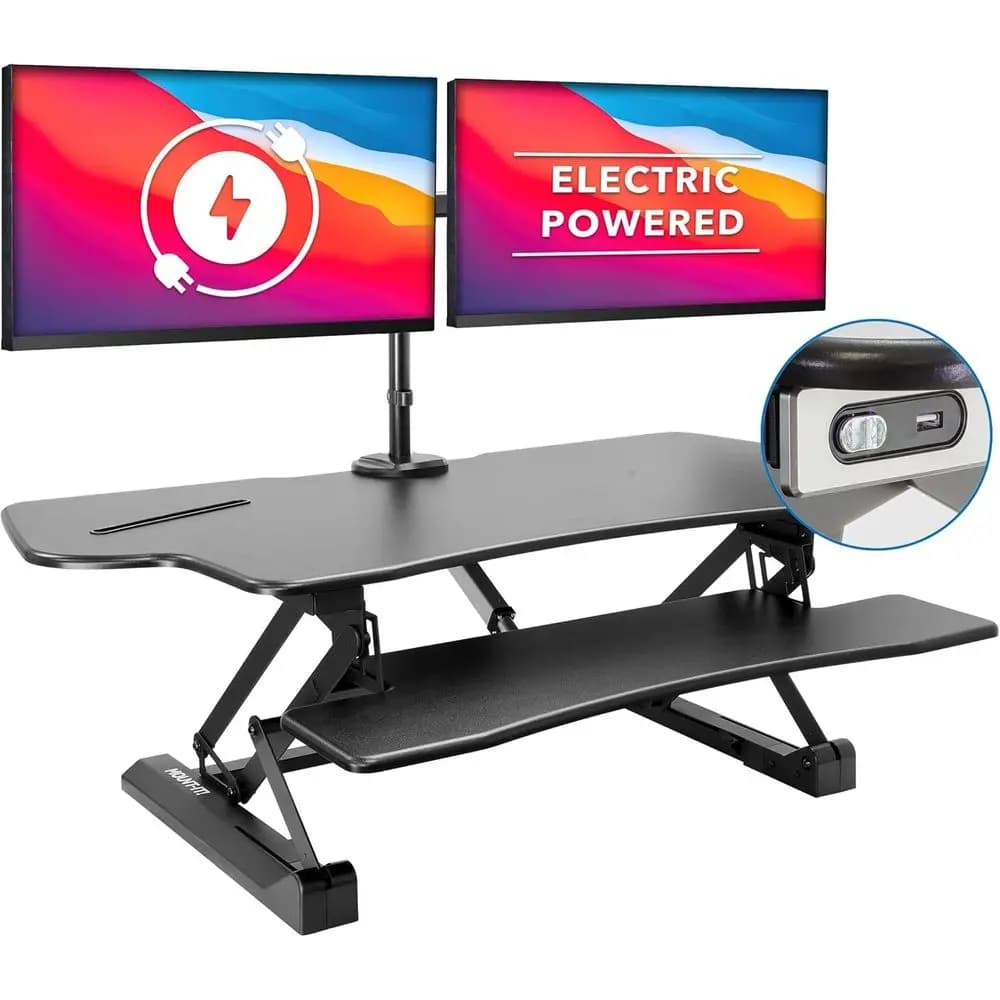 Convertitore per Scrivania Elettrica Regolabile in Altezza X-Large 47.2 con Supporto per Doppio Monitor e Vassoio per Tastiera, USB Incluso, Nero