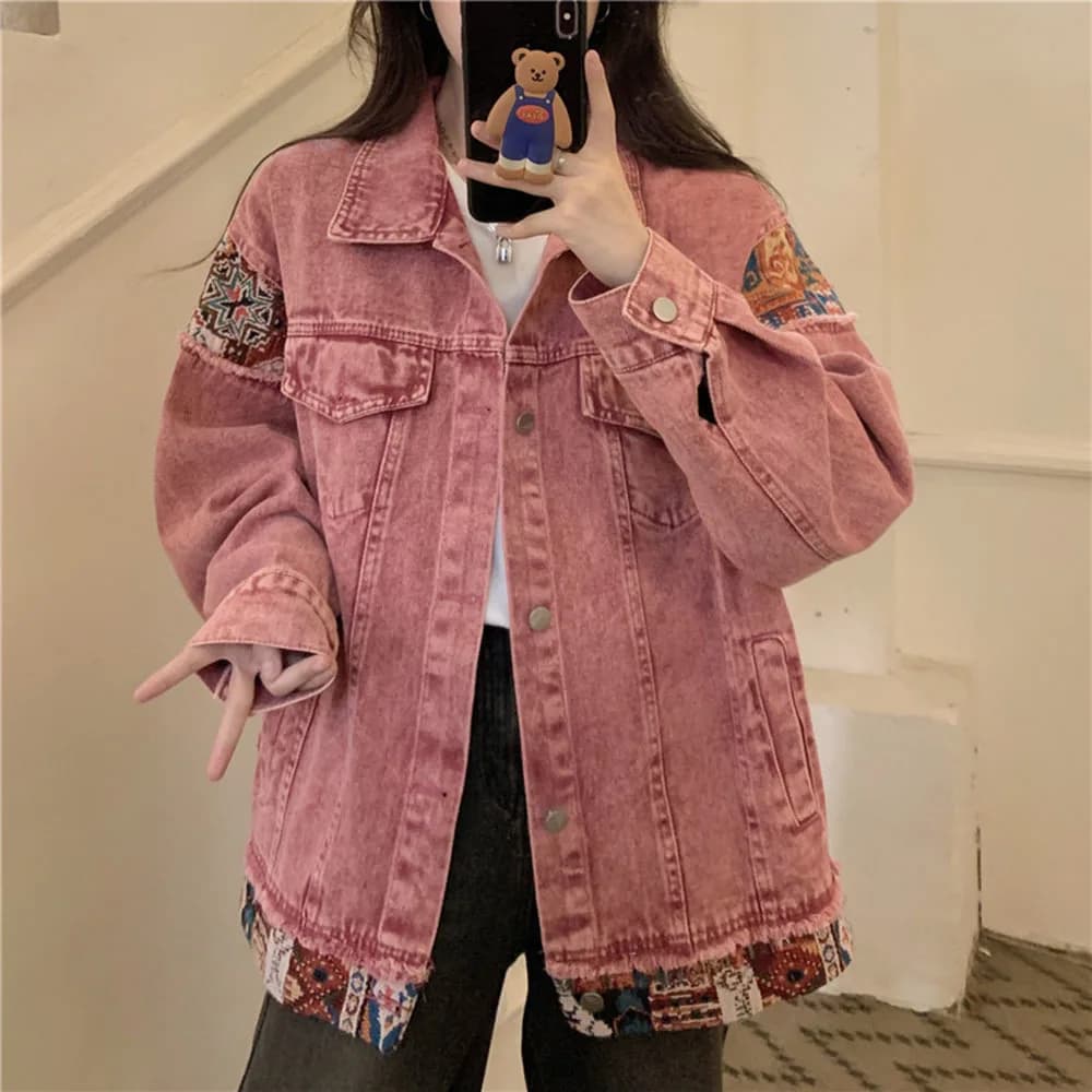 Cappotto di jeans a maniche lunghe rosa moda Giacca di jeans sottile stile vintage unisex per donna Top capispalla Jean slim dolce e fresco casual