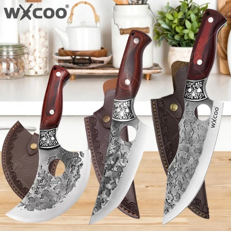 Coltello da Macellaio WXCOO, Manico in Legno, Utensili da Cucina, Coltelli in Acciaio Inossidabile, Forgiati con Motivo a Martello, Coltello da Disosso per Cucina