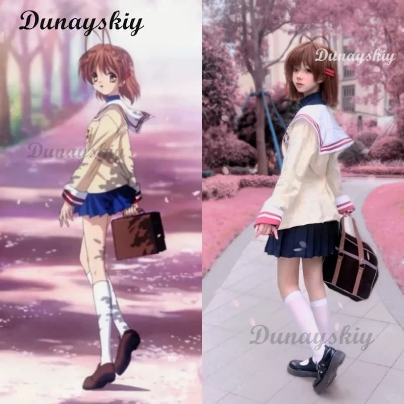 Game Clannad Furukawa Nagisa Cosplay Costume Wig High School Campus Uniform Gonna Coat Adult Woman Kawaii Campus Seaman's Dress