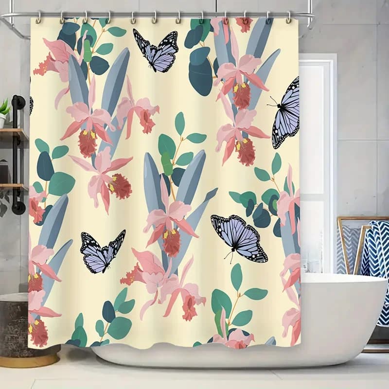 Tenda da doccia con farfalla floreale, tessuto impermeabile stampato, decorazione per il bagno per la casa, morbido motivo floreale rosa verde con