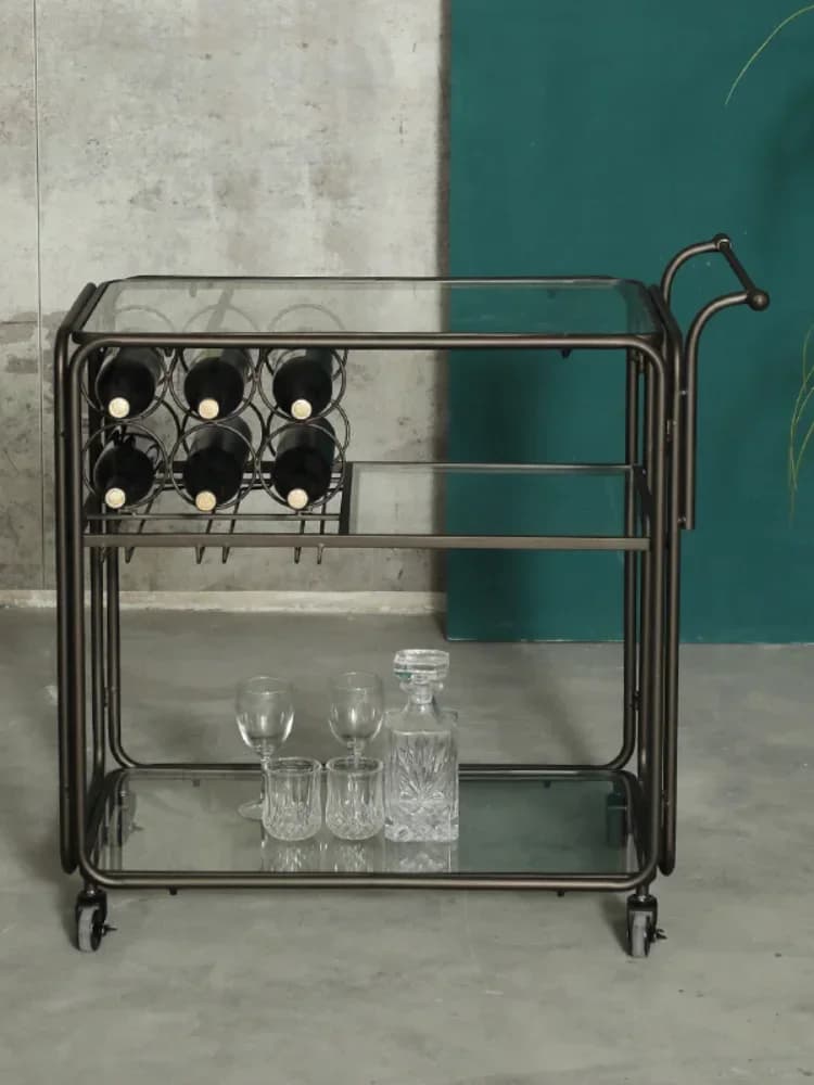 Carrello Portabottiglie in Metallo e Vetro Stile Industriale, Carrello Mobile per Stoccaggio