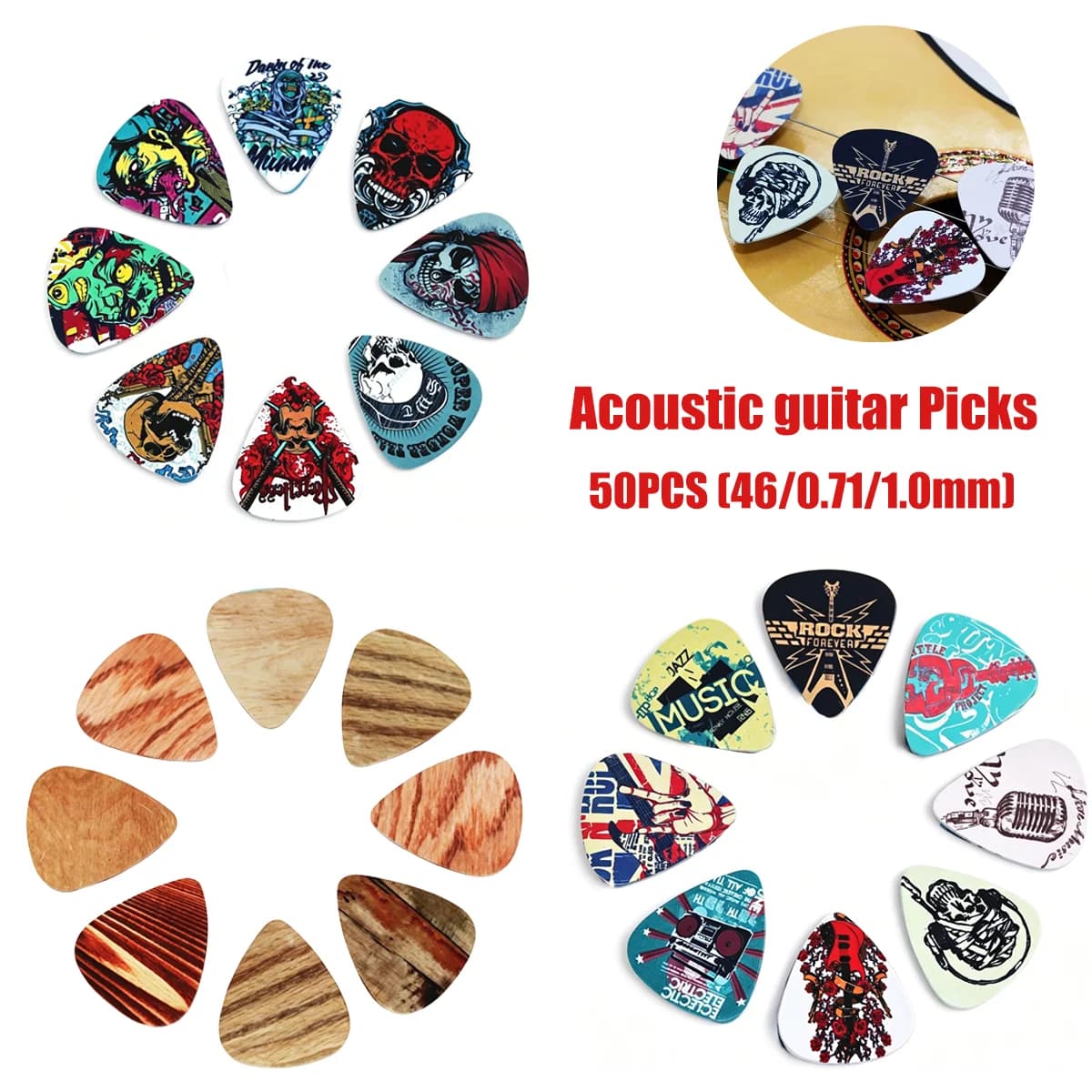 Miwayer 50Pcs Cartoon Guitar Picks with Storage Box, 0.46/0.71/1.0mm Thickness Plectrums for Acoustic Guitar & Ukulele