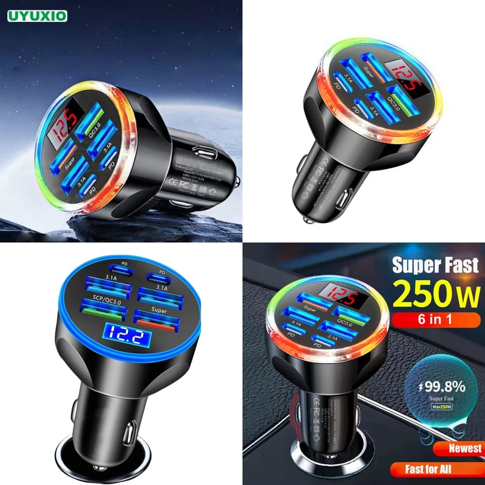 Caricabatterie da auto USB C multiporta con voltmetro, 2 PD e 4 USB A, adattatore di ricarica super rapida con display della tensione per iPhone, nuovo prodotto