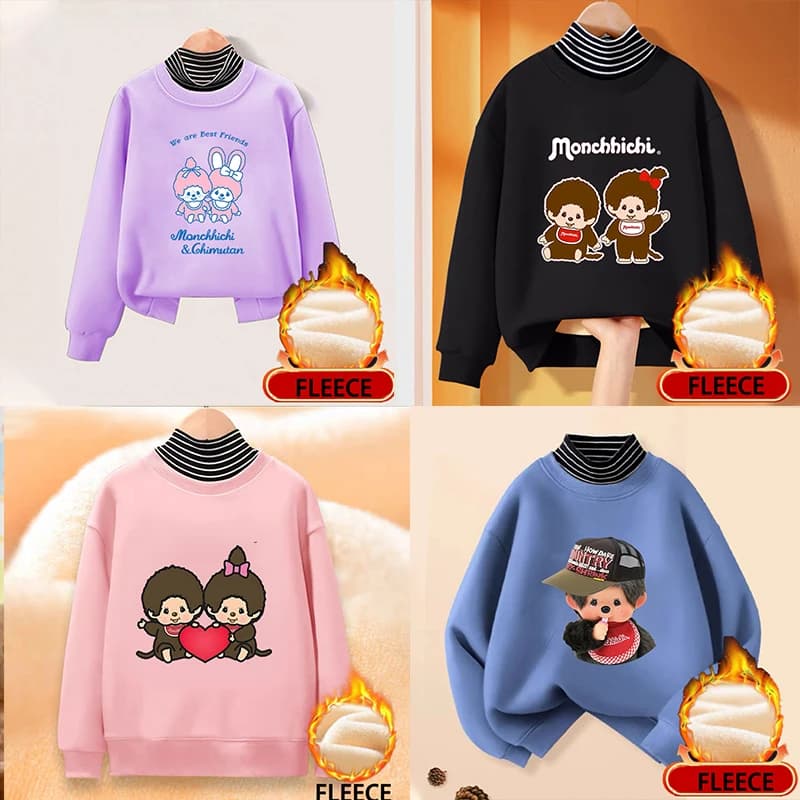 Felpa in pile a collo alto Monchhichi per bambini, felpe alla moda per bambini e bambine, pullover Kawaii, abbigliamento comodo, idea regalo