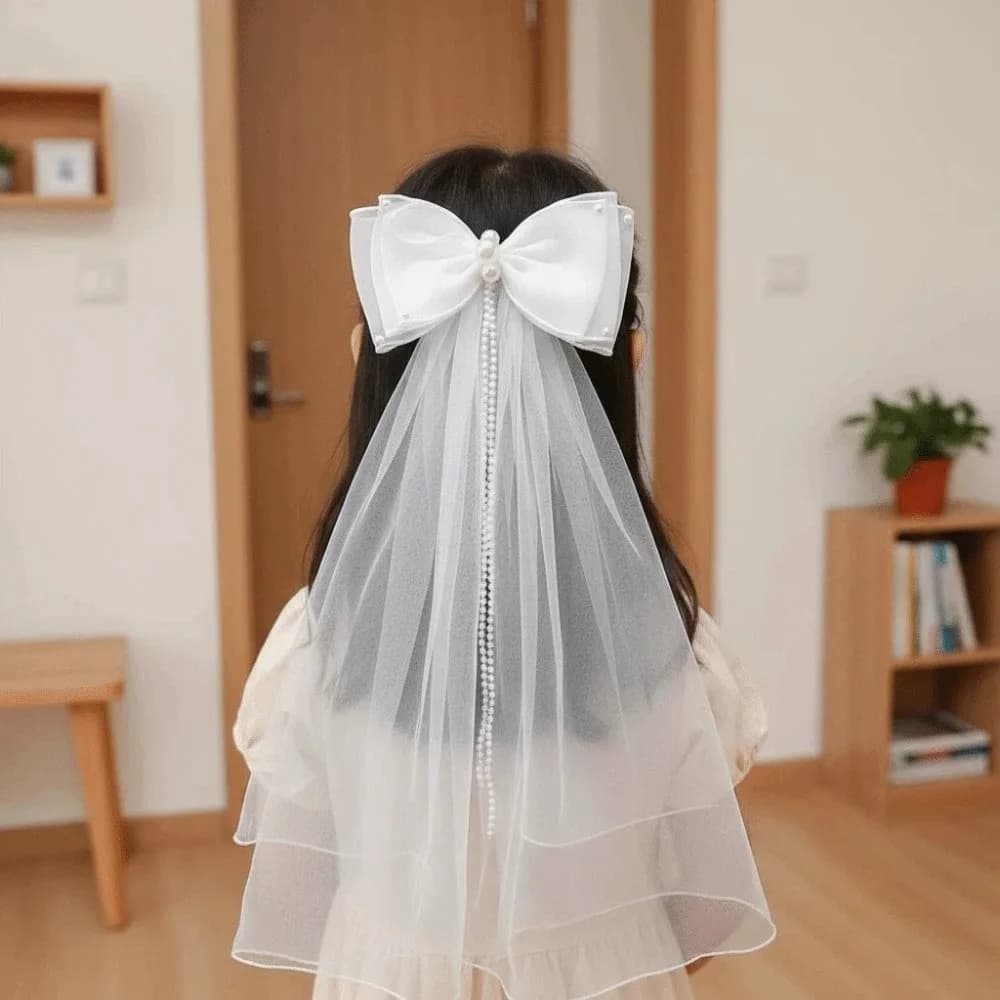 Fashion White Veil Hair Clip Mesh Bow Girls Head Gauze Rhinestone Beads Bridal Tulle Party Cosplay