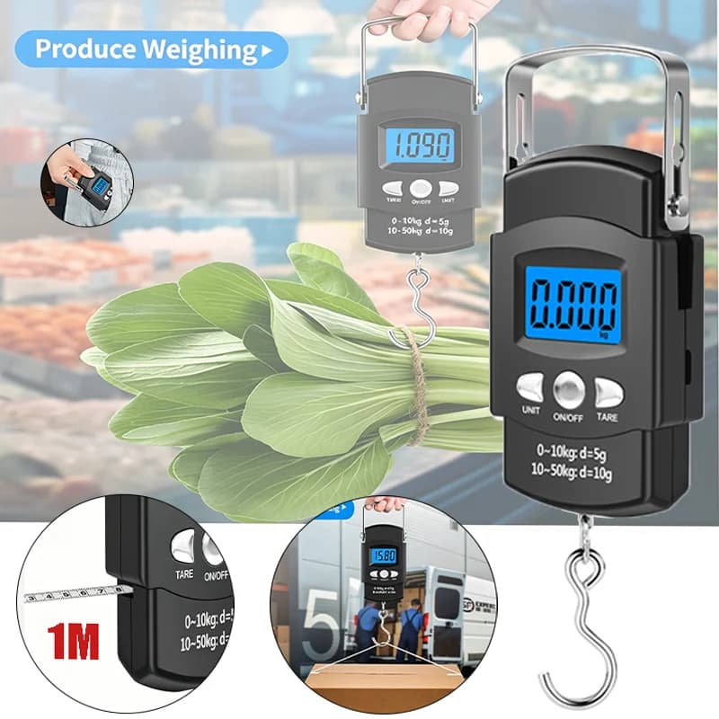50kg Digital Hanging Luggage Scale Electronic Hook Scale LCD Handheld Scale With 1M Tape for Travel Fishing Parcel Weighing