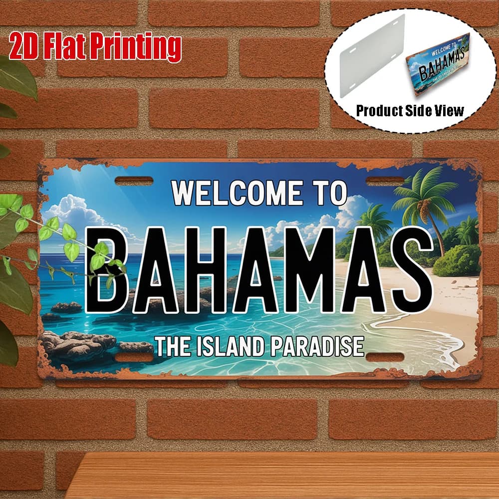 Benvenuti alle Bahamas, il paradiso delle isole, targa in metallo con stampa 2D, stile targa automobilistica, decorazione a tema spiaggia tropicale in alluminio