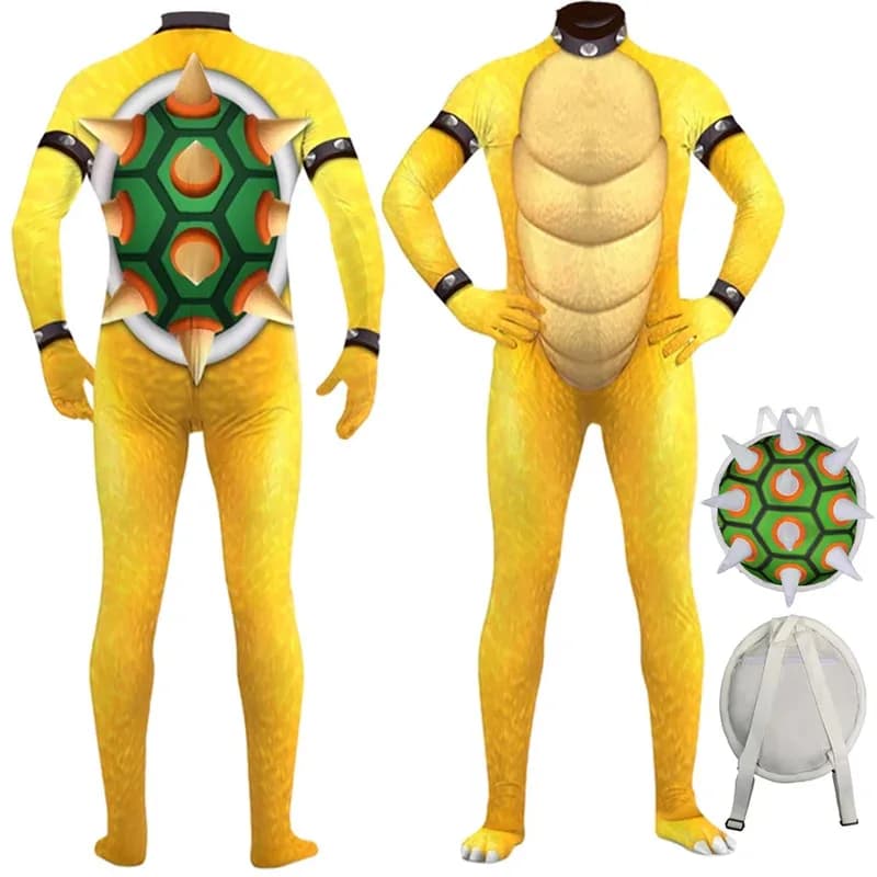 Adulto Bowseer Cosplay Tuta gialla Costume Gioco Travestimento Tuta Zaino Borsa a tracolla Abiti Vestito da festa di carnevale di Halloween