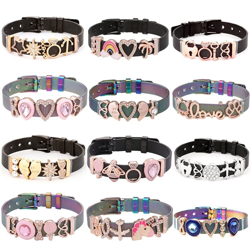 BAOPON Braccialetti con bracciale in maglia di acciaio inossidabile nero e colorato per donna con braccialetti con ciondoli per diapositive Gioielli fai da te come regalo speciale