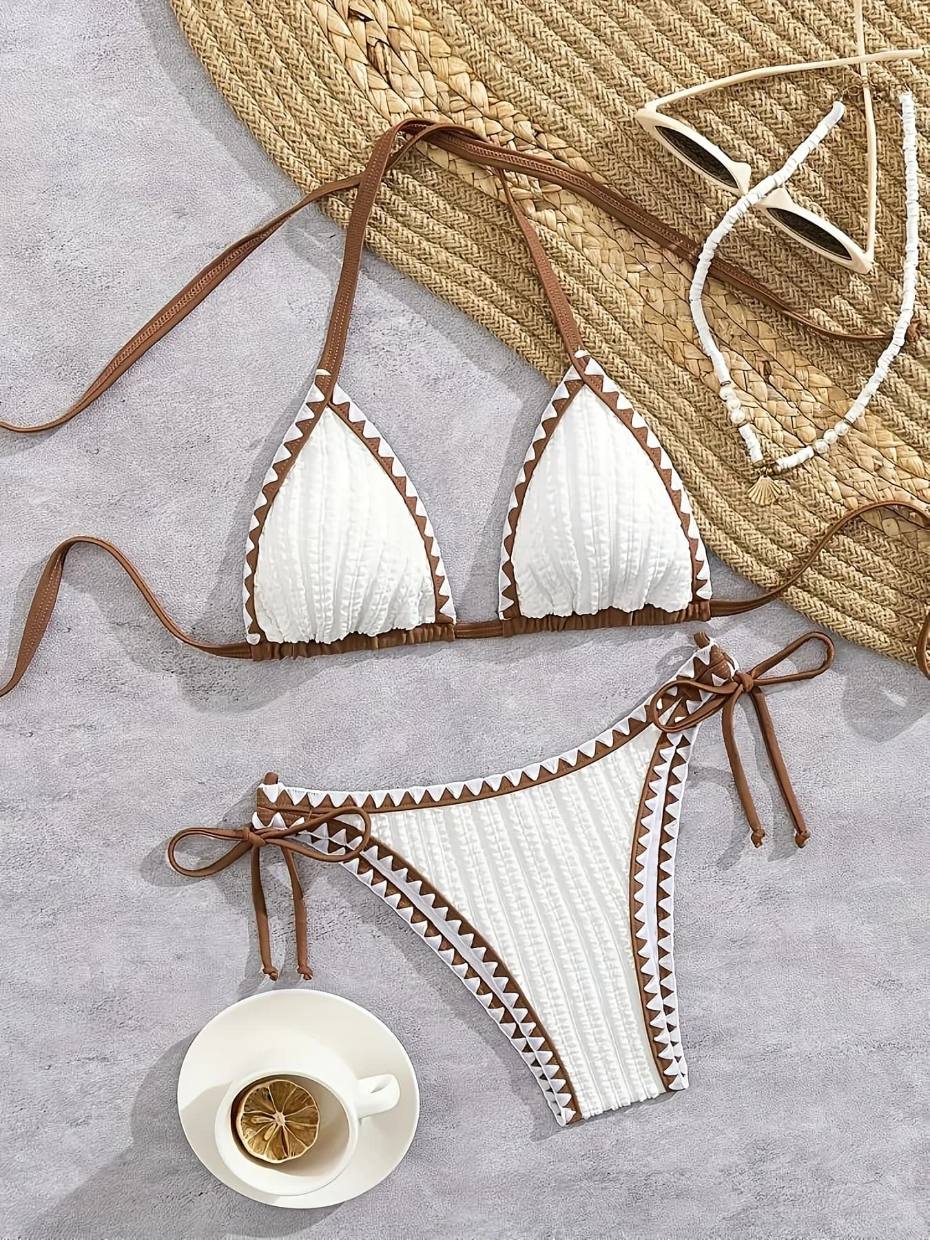 Costume da bagno a due pezzi da donna, design senza ferretti lavorato all'uncinetto, con lacci, adatto per primavera, estate, spiaggia e vacanze.