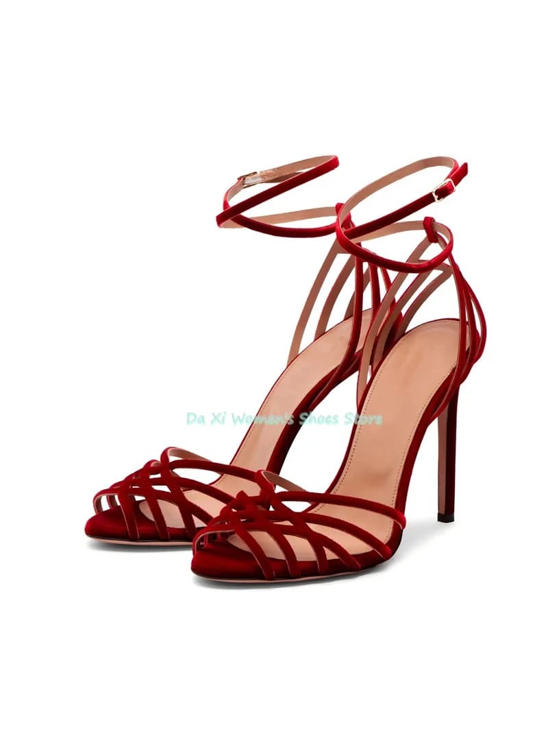 Sexy Claret Velvet Fabric Round Head Open-Toed High-Heeled Sandals Cross Thin Strap Combination Shoe Upper New Wedding Shoes