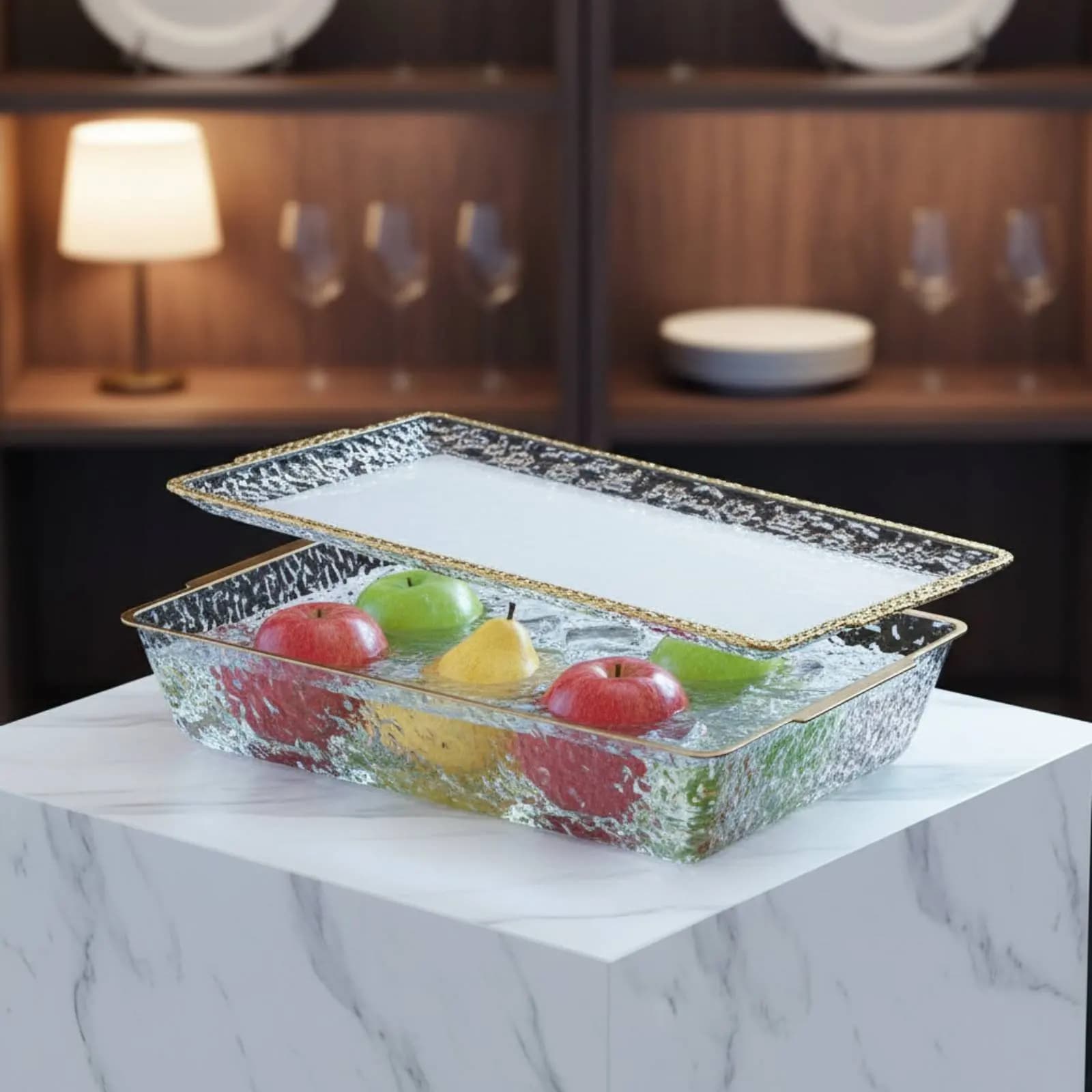 Vassoio Refrigerante con Coperchio Facile da Pulire, Contenitore Rettangolare per Alimenti con Bordo Dorato, Resistente alle Rotture