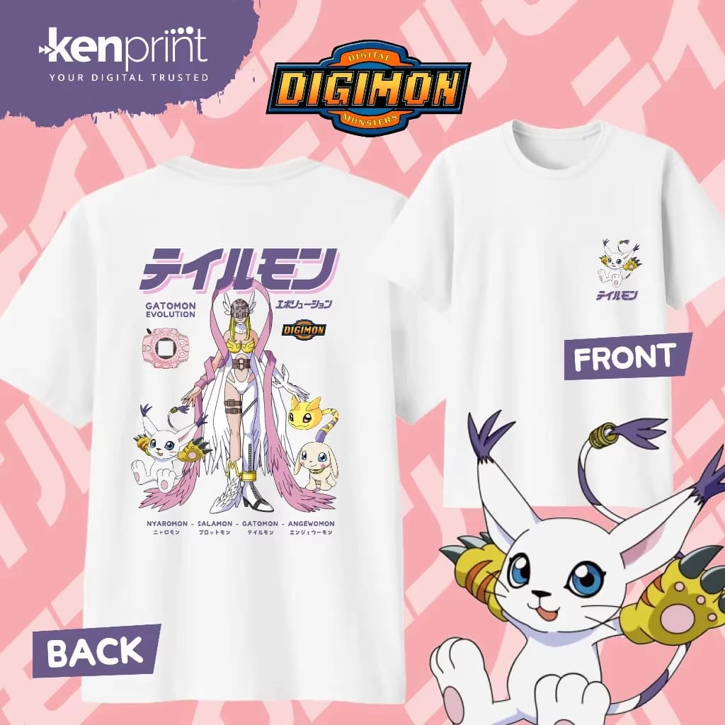 2026 Summer Anime Digimon Gatomon Evolution Printed Cotton T-shirt Kids_Men's_Women's Harajuku Clothes