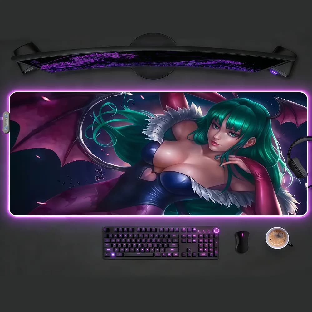 Tappetino per mouse Game D-Darkstalkers Morrigan A-Aensland RGB Led Gaming per camera da letto, ufficio, scrivania, tappetino antiscivolo, impermeabile, grande