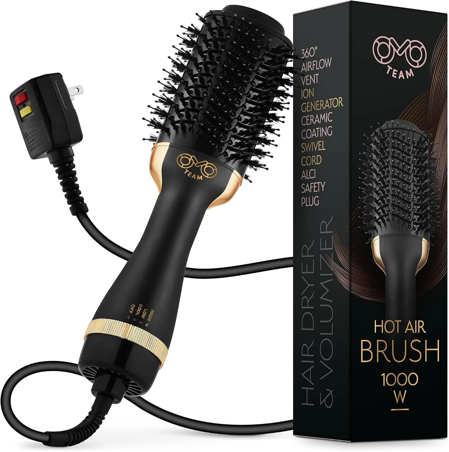 Spazzola Asciugacapelli Professionale Ovale per Donne, Volumizzante Nero e Oro con Aria Calda da 75MM
