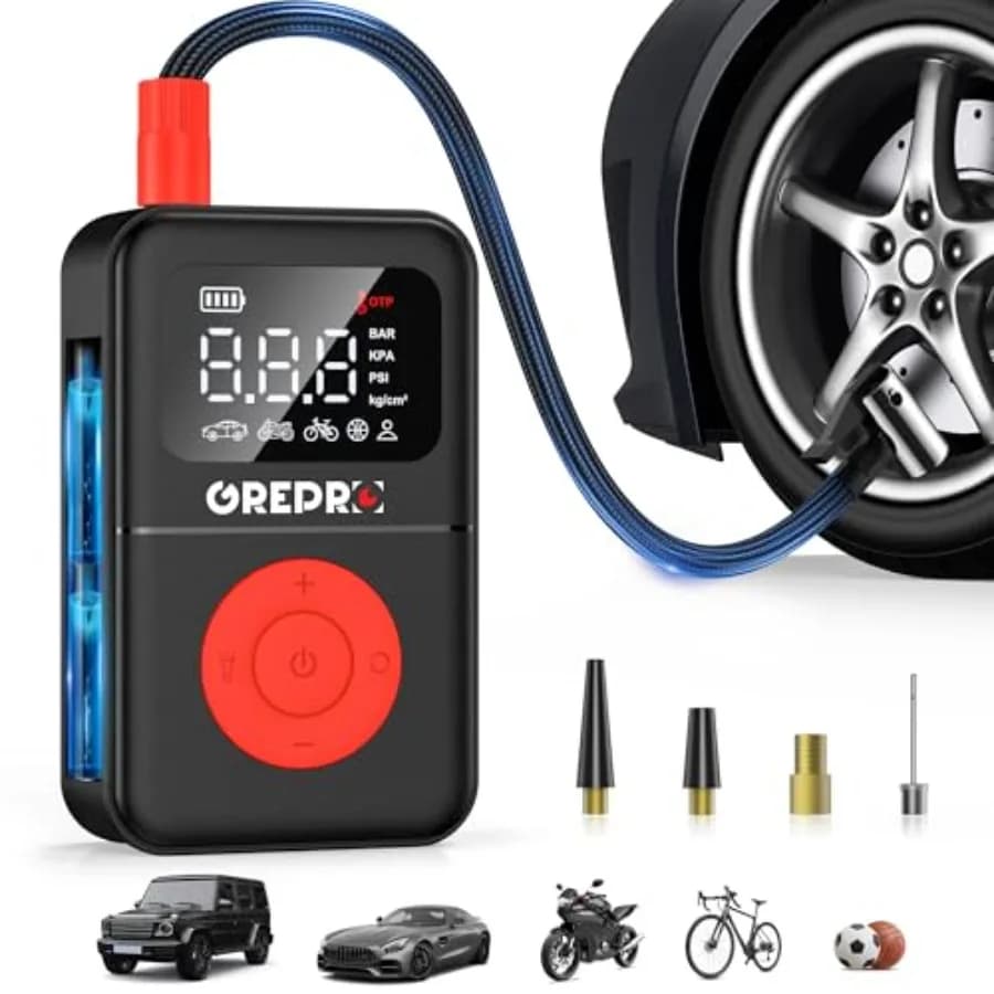 Compressore d'Aria Portatile 160 PSI con Manometro Digitale, Luce LED e Adattatori Multipli per Gonfiaggio Pneumatici
