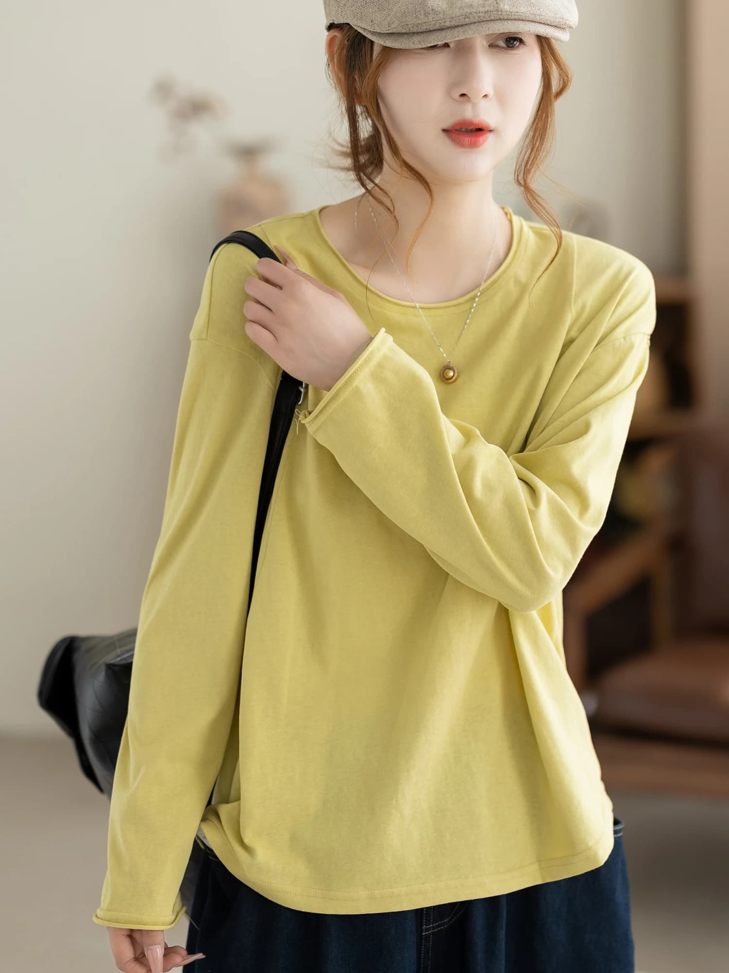 Loose Long Sleeve round Neck T-Shirt Women's Spring New Style Fashionable Base Layer Shirt Casual Lazy Style Color