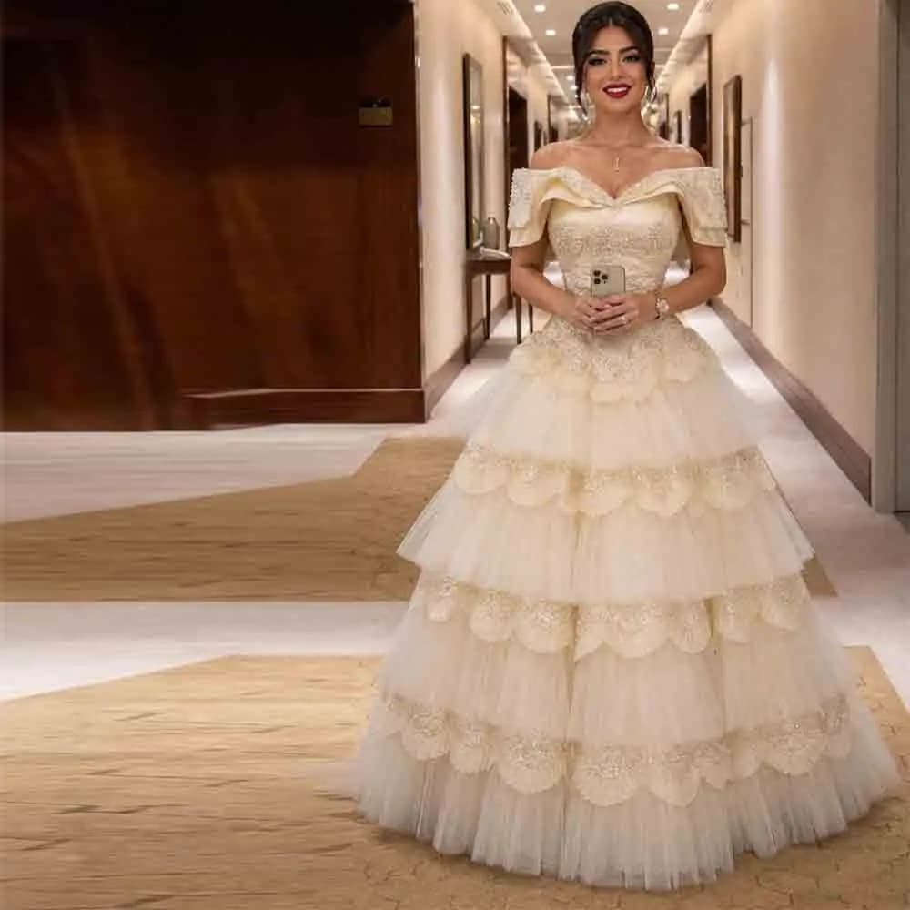 Customized Tiered Cake Tulle Evening Gown Off Shoulder Sweetheart Lace Sequins Prom Dress Dubai Arabic Formal Party Gowns