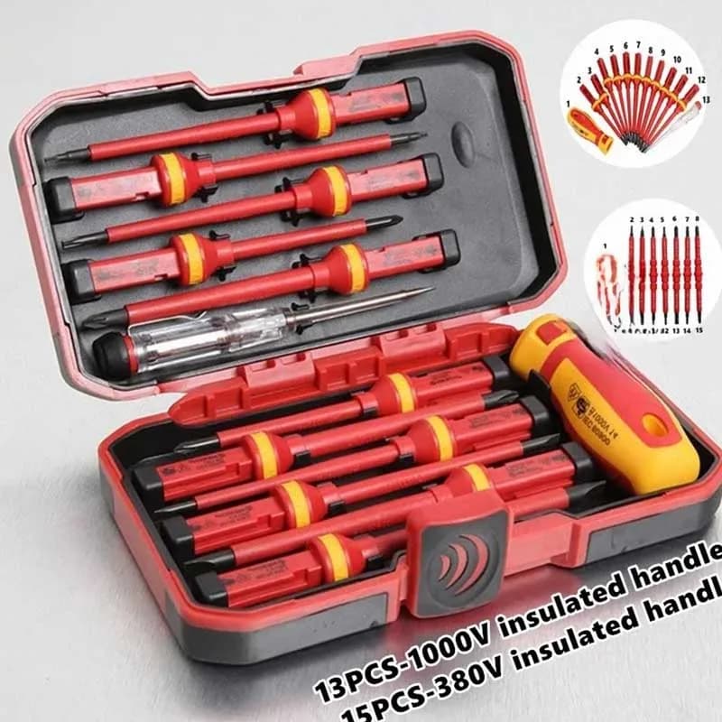 Kit of repair tools for electricians Set of interchangeable insulated screwdrivers from 15 pieces 1000 V with Torx Phillips tips