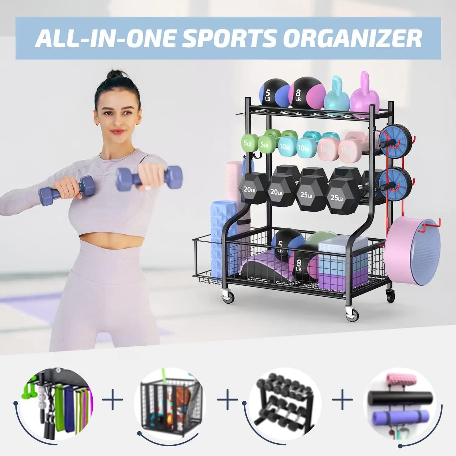 Weight holder for dumbbells, home gym holders for dumbbells Kettlebells Carpet and yoga balls, holders for training all in one