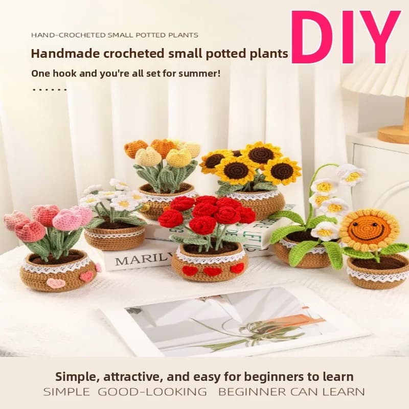 Kit all'uncinetto per principianti Kit all'uncinetto per piante in vaso di girasole e tulipani Kit iniziale all'uncinetto per principianti completo con tutorial video