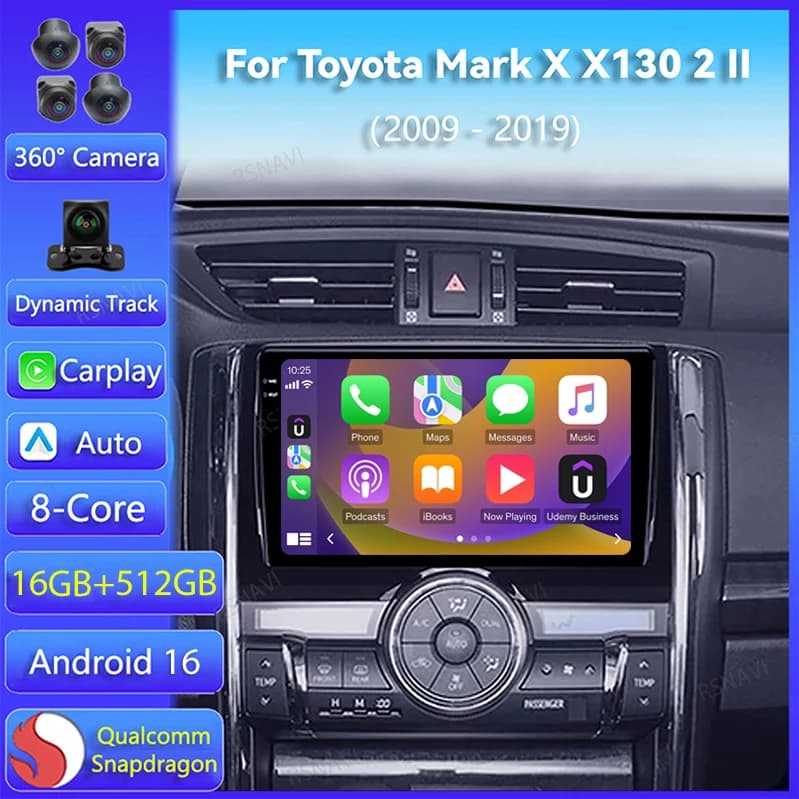 Autoradio Android 16 con Carplay e GPS per Toyota Mark X X130 2 II 2009-2019, Lettore Multimediale con Video, Telecamera 360, BT, Stereo 2Din