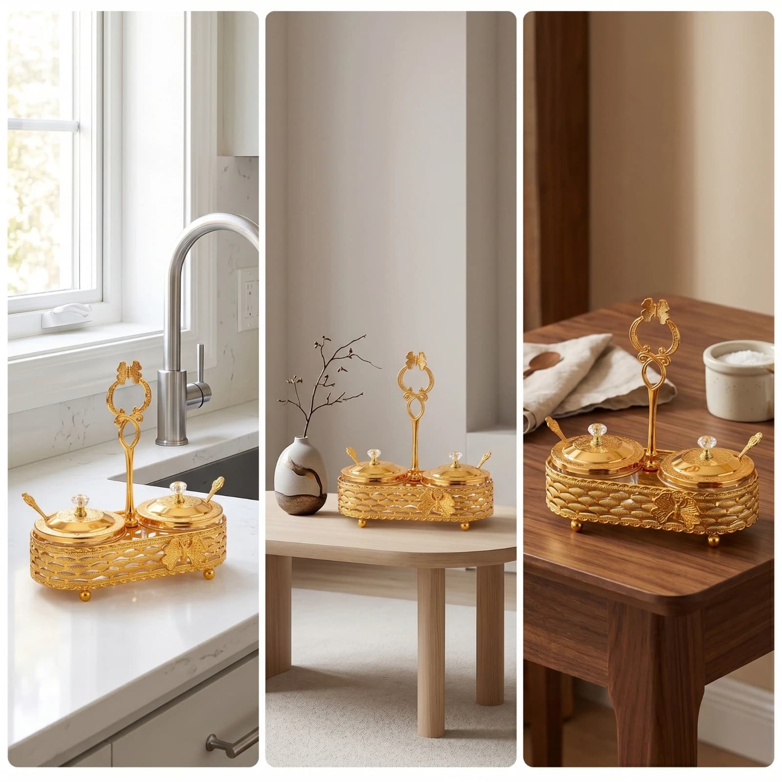 2 Pieces Condiment Jars with Lids and Spoons Gold-Tone Condiment Holder with Spoons Seasoning Jar Set with Rack Decorative