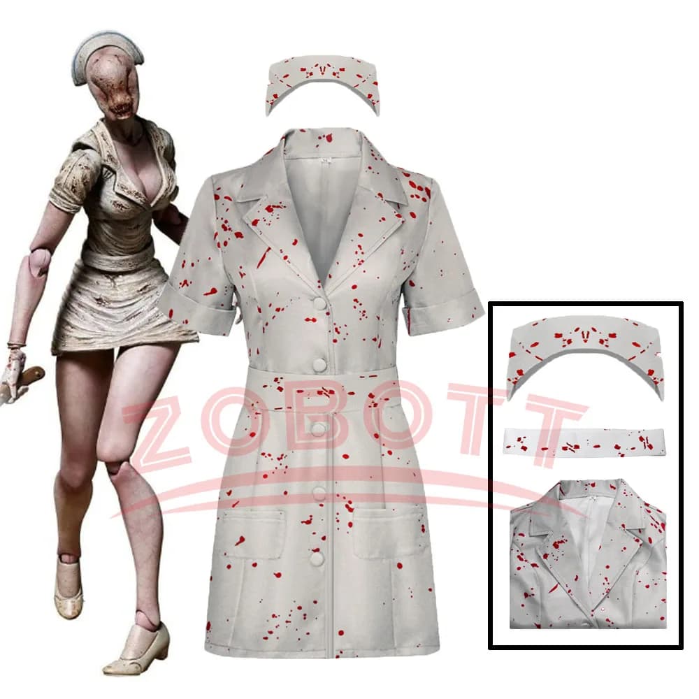 3PCS Silent Hill Cosplay Nurse White Bloodstained belt And hat Uniform Halloween Costume Fancy Cosplay Dress For Woman