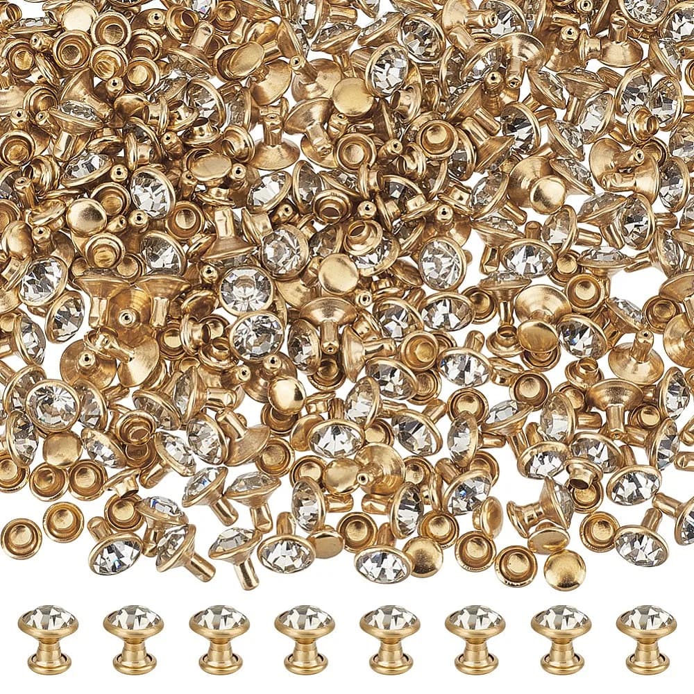 Iron Brass Double Cap Rivets Semi-Tublar Rivet with Rhinestone for DIY Leather Crafts Jeans Decoration Golden 8x8mm Cap: 6x4mm