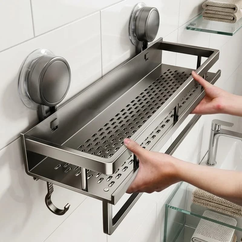 No Drill Bathroom Shelf, Strong Suction Cup Space Aluminum Storage Rack, Wall Mounted Shower Organizer for Toiletries