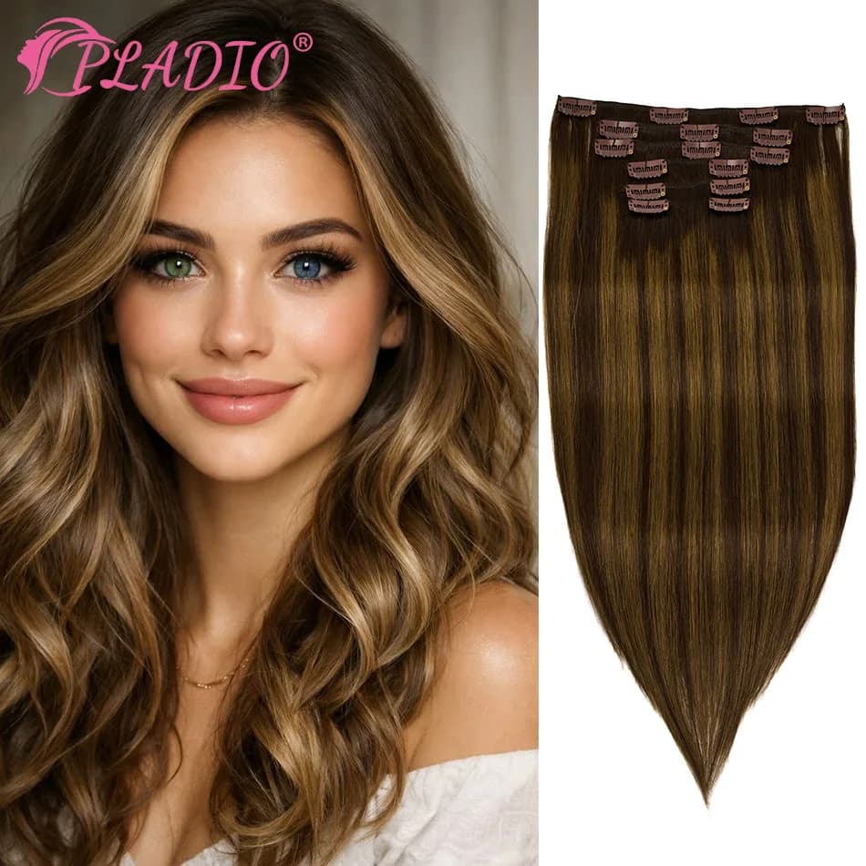 PLADIO T2/2/6 Clip-in in human hair Remy, 7 pieces, 14-26 inches, smooth invisible extension for woman [septic and without crows]