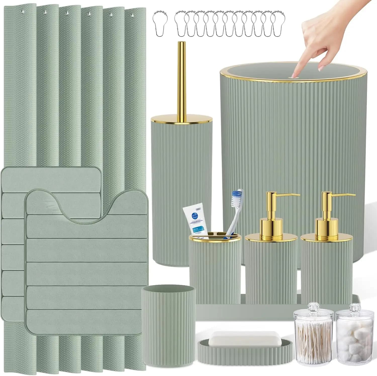 Set of Accessories for Bathroom Green Salvia and Gold, 25 Pieces with Basket, Shower Tent, Carpets, Toilet Brush and Dispenser Flavour