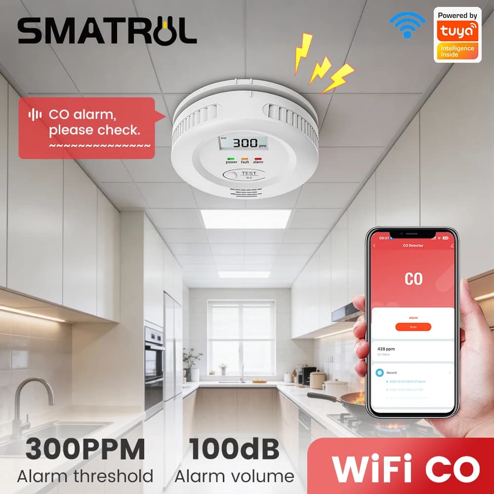 Sensore Rilevatore di Perdite di Monossido di Carbonio (CO) WiFi Tuya Smart Home con Allarme Vocale ad Alto Decibel, Notifica Remota tramite APP e Funzione Automatica