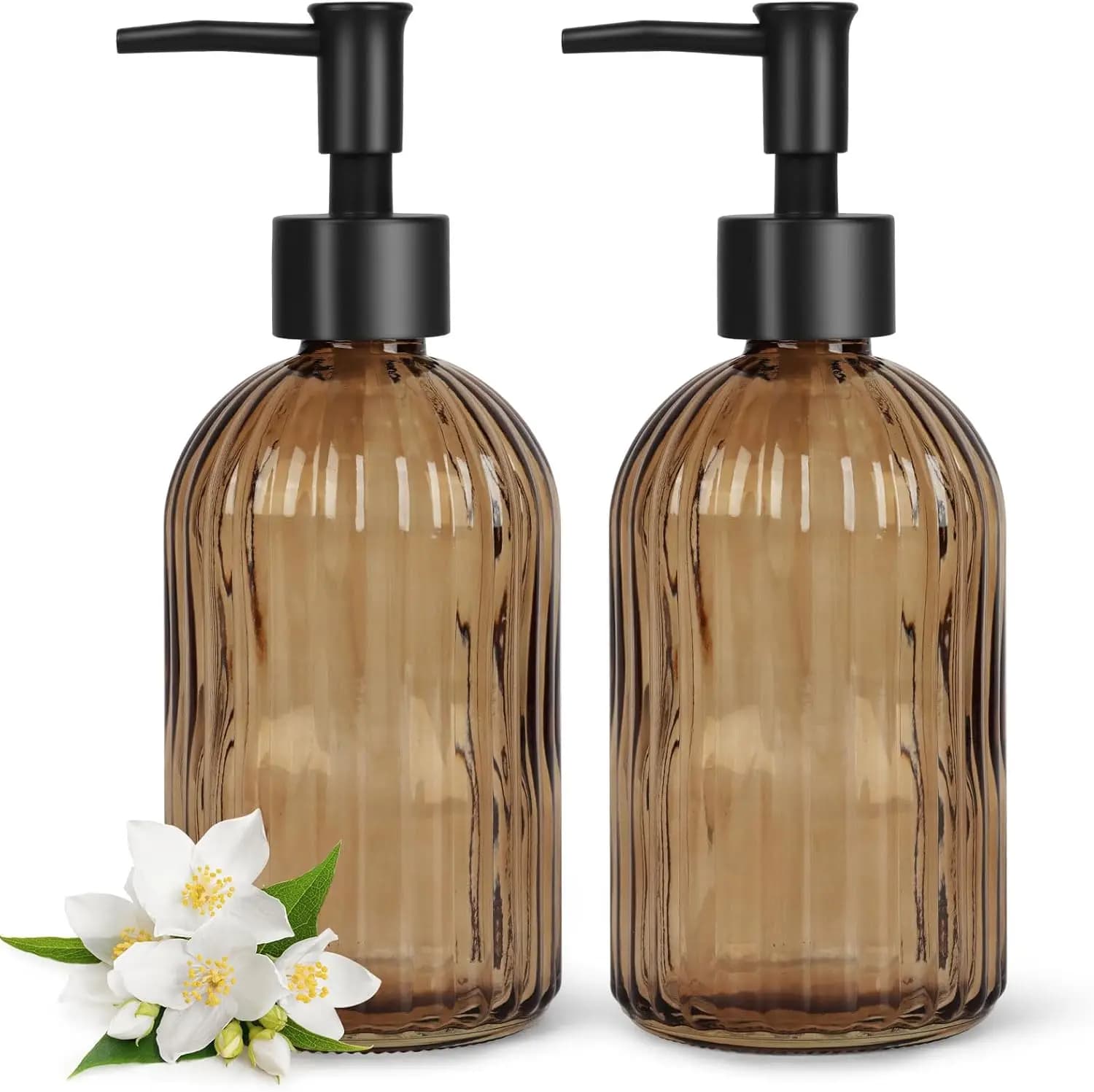 Confezione da 2 dispenser di sapone in vetro con pompa nera, 400 ml, antiruggine, per cucina, bagno, lozioni, oli essenziali - Ambra