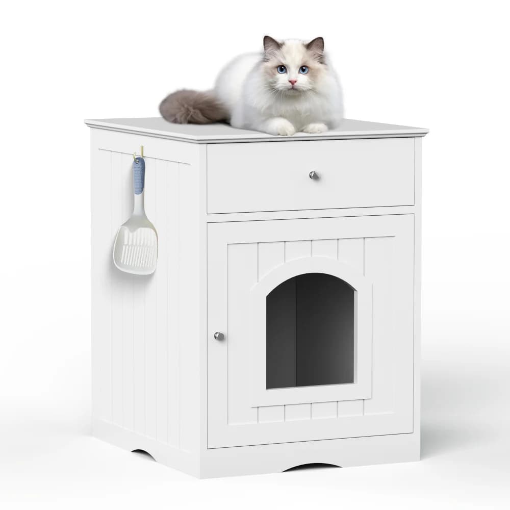 Lettiera per gatti in legno con cassetto, tavolino, cassa per animali domestici per interni, comodino per gatti (bianco)