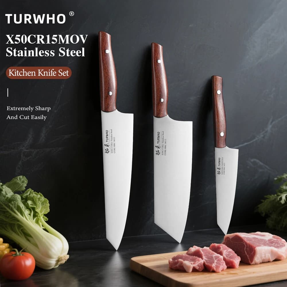 TURWHO 3-PCS Professional Kitchen Knives Set Utility Kiritsuke Mannaia X50Cr15MoV Kitchen Knife for Japanese Stainless Steel Chef
