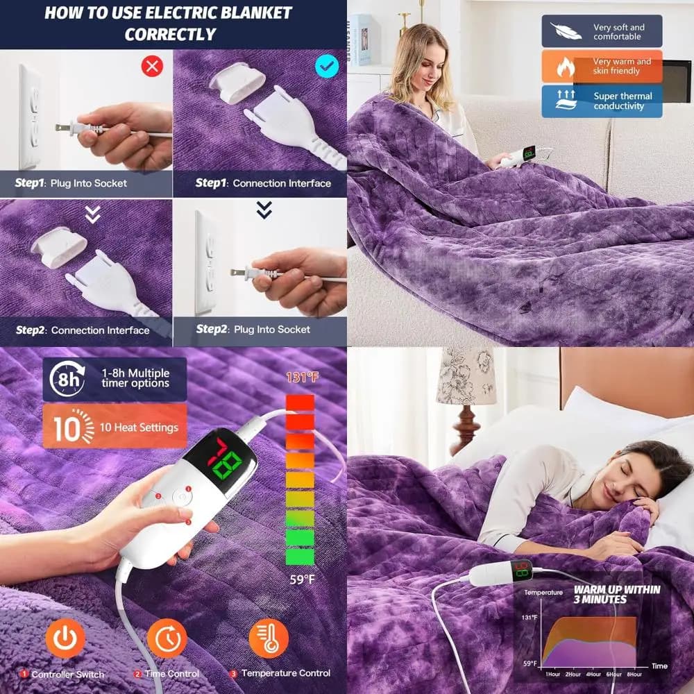 Coperta elettrica in pelliccia sintetica con 5 timer e 10 livelli di calore, 84x90 viola per un accogliente calore del divano letto