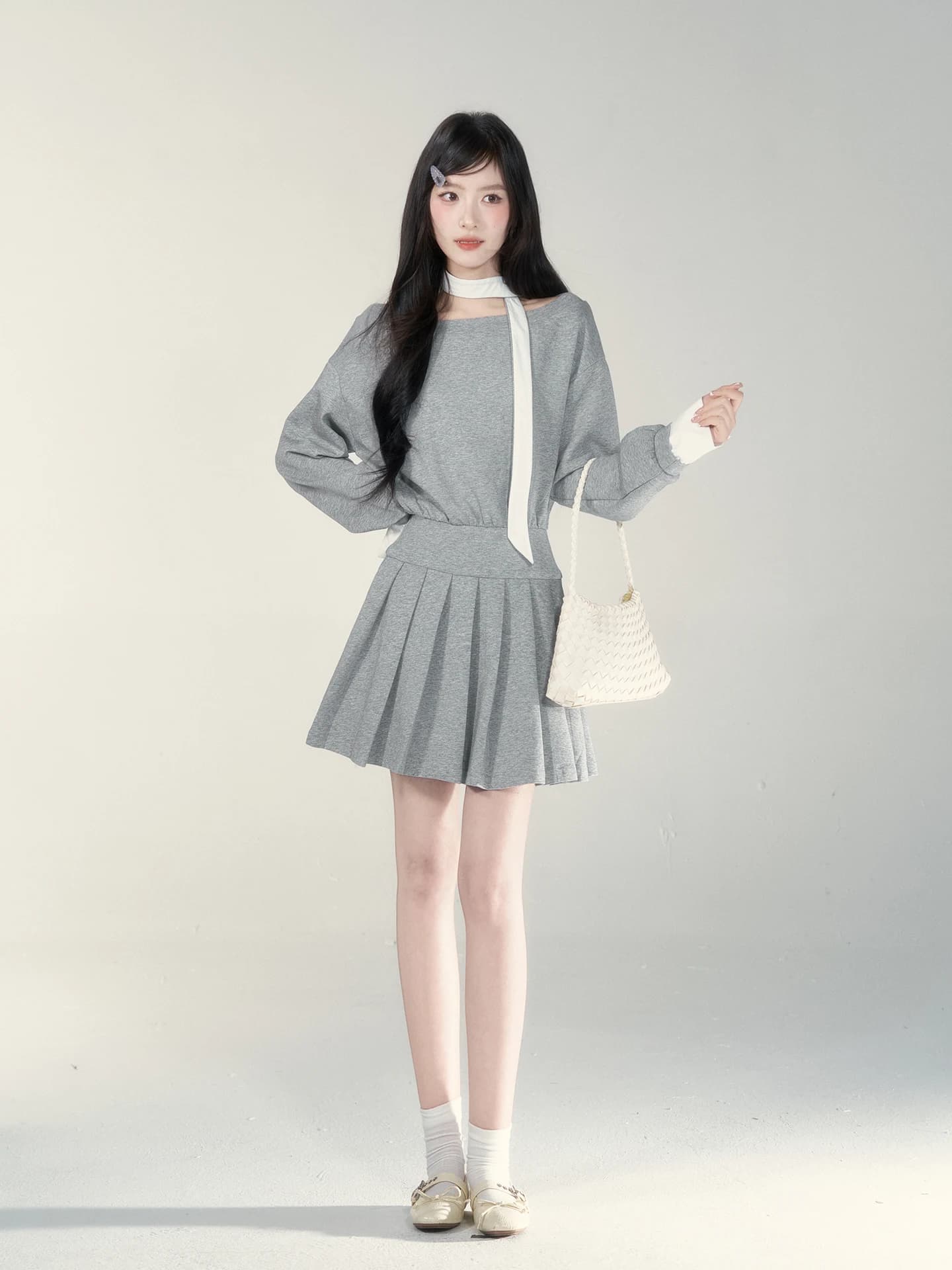 High Waist Long Sleeve Grey Dress Women's Fashion Spring New Style French Style A-Line Skirt Comfortable Fabric City Commute