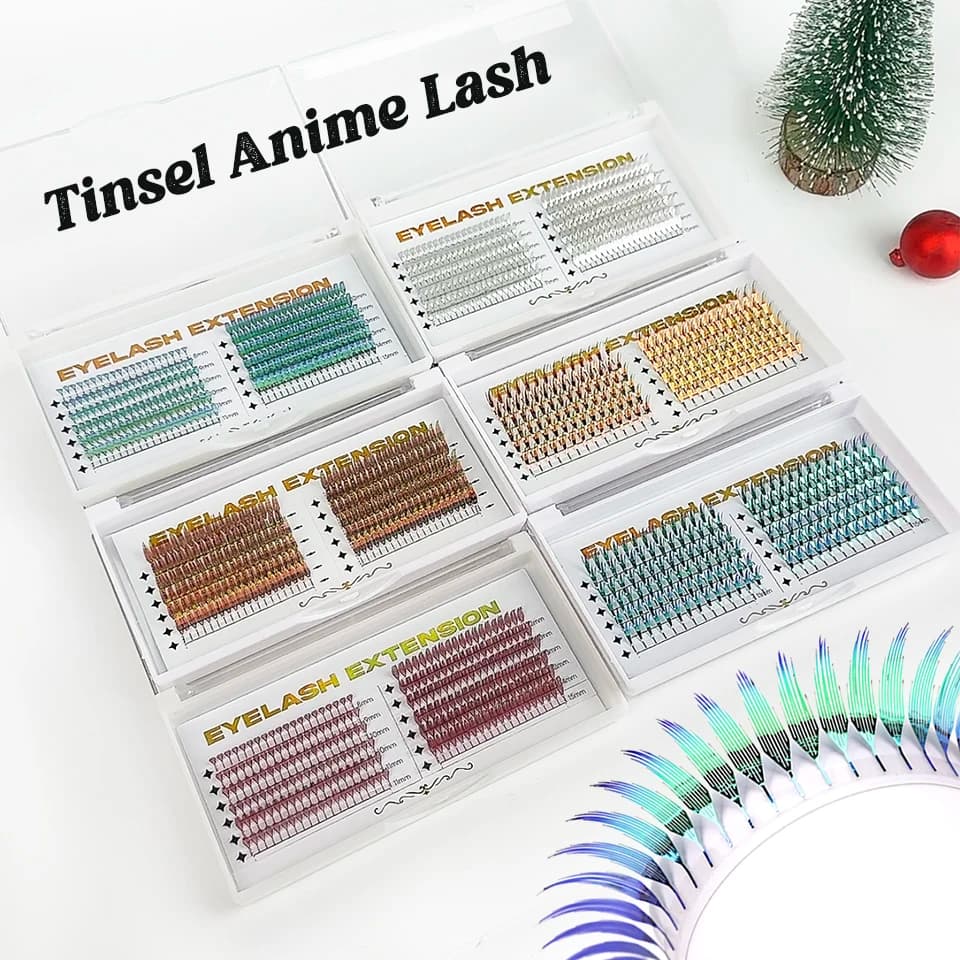 AGUUD Colore natalizio Tinsel Ciglia Moda Rosso lucido Argento Comic Spire Estensione ciglia Piuma olografica Anime Lash Tinsel