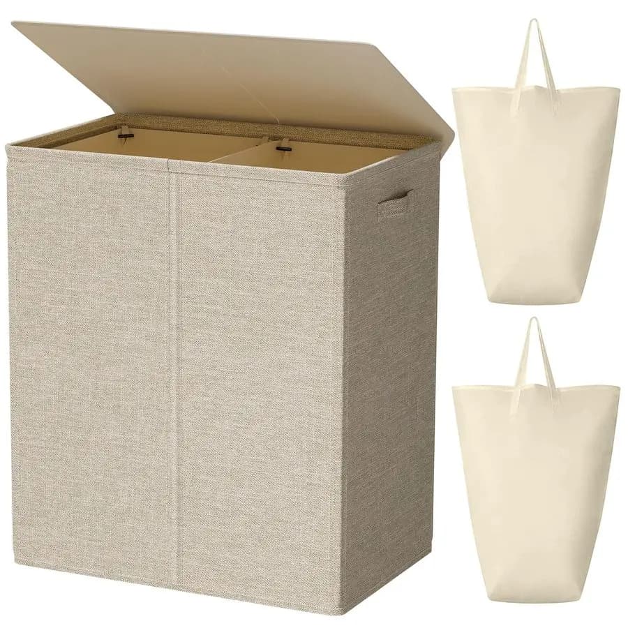 154 litre double basket with lid and removable linen bags, large basket for 2 sections dirty clothes, folding.