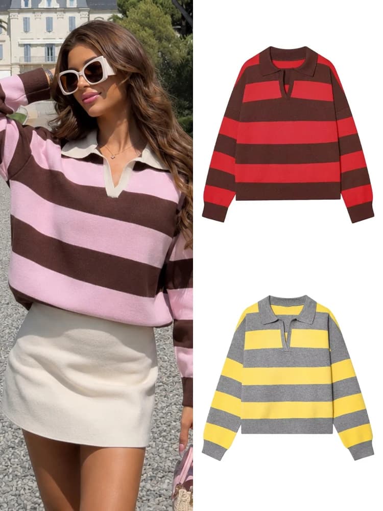 HH Women Elegant Striped Polo Shirt Knit Color Blocked Long Sleeve Lapel Warm Sweater 2026 Spring Autumn Casual Vacation Outfit