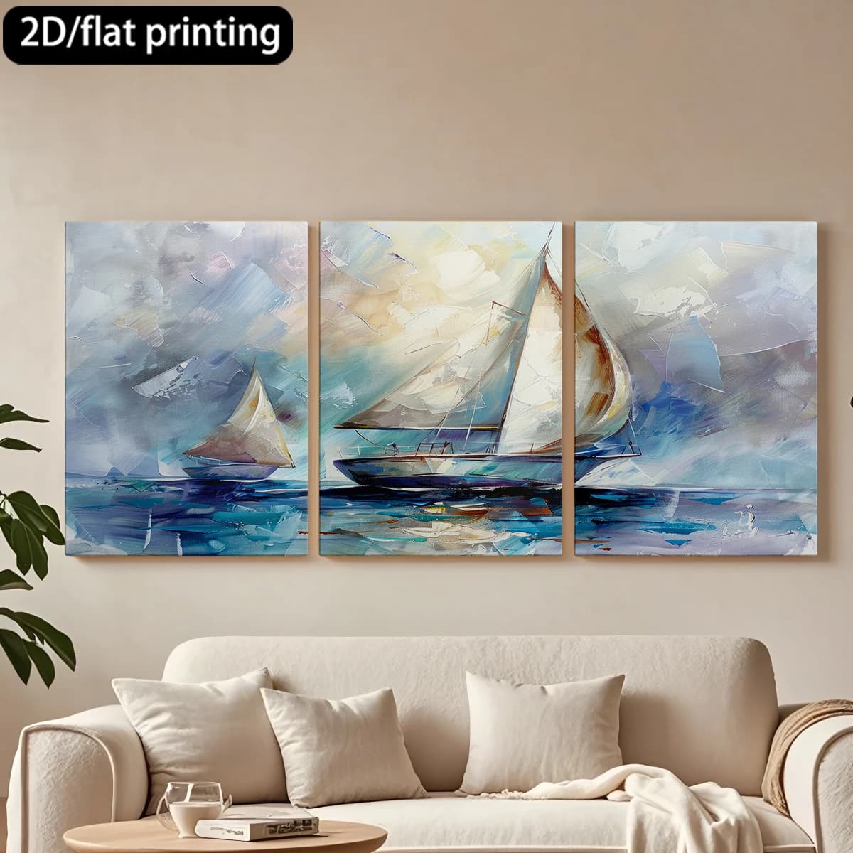 Decorative painting on canvas with wooden frame, 3 pieces. Two sailboats, sea, dream sky. Tende per camera da letto ikea.