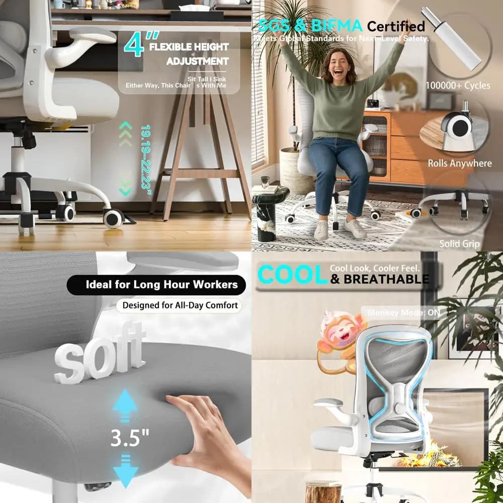 Sedia da Ufficio Ergonomica con Supporto Lombare, Cuscino Spesso, Braccioli Imbottiti e Schienale in Rete per Ufficio o Casa