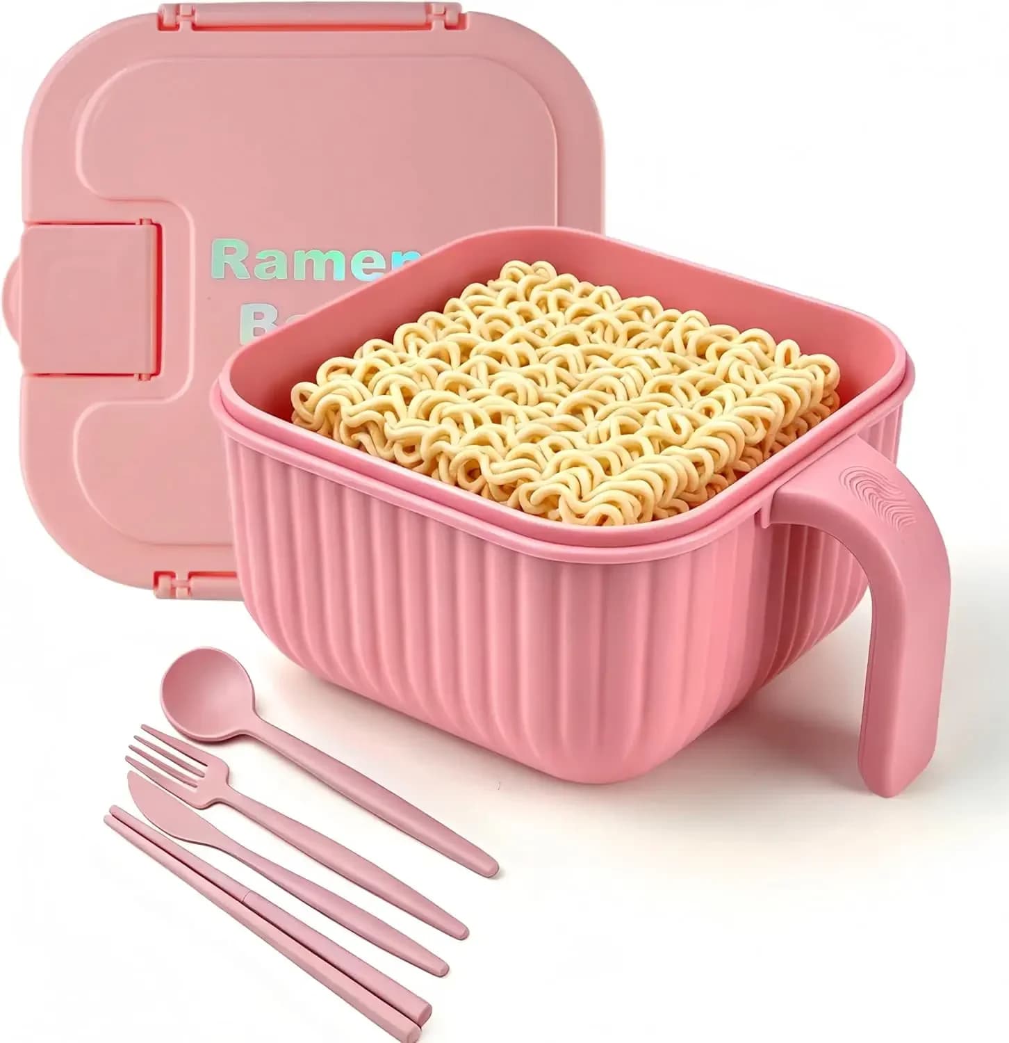 Ramen Bowl Set, Ramen Bowl for Large Square or Round Noodles Microwave 50 Oz, Ramen Cooker, Microwave Pasta Cooker, Food Container Microwave Gift University Male and Female Dormitory (Pink)